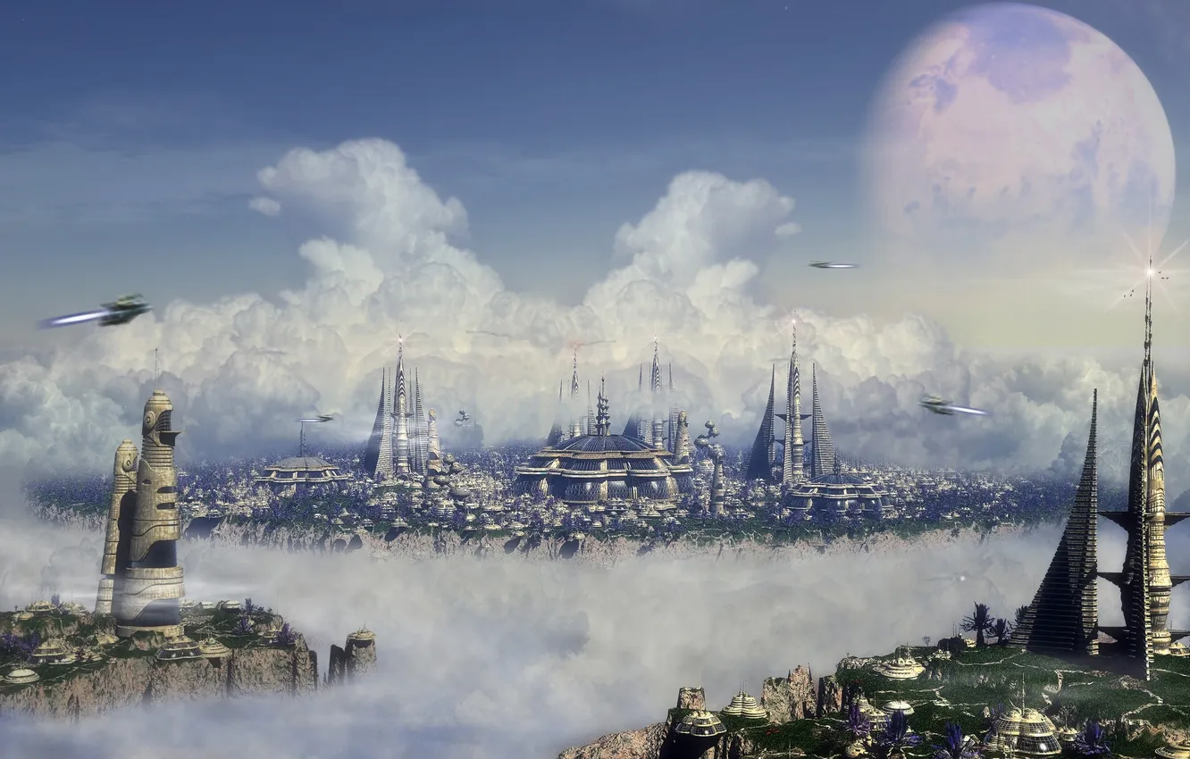 Фото обои облака, город, будущего