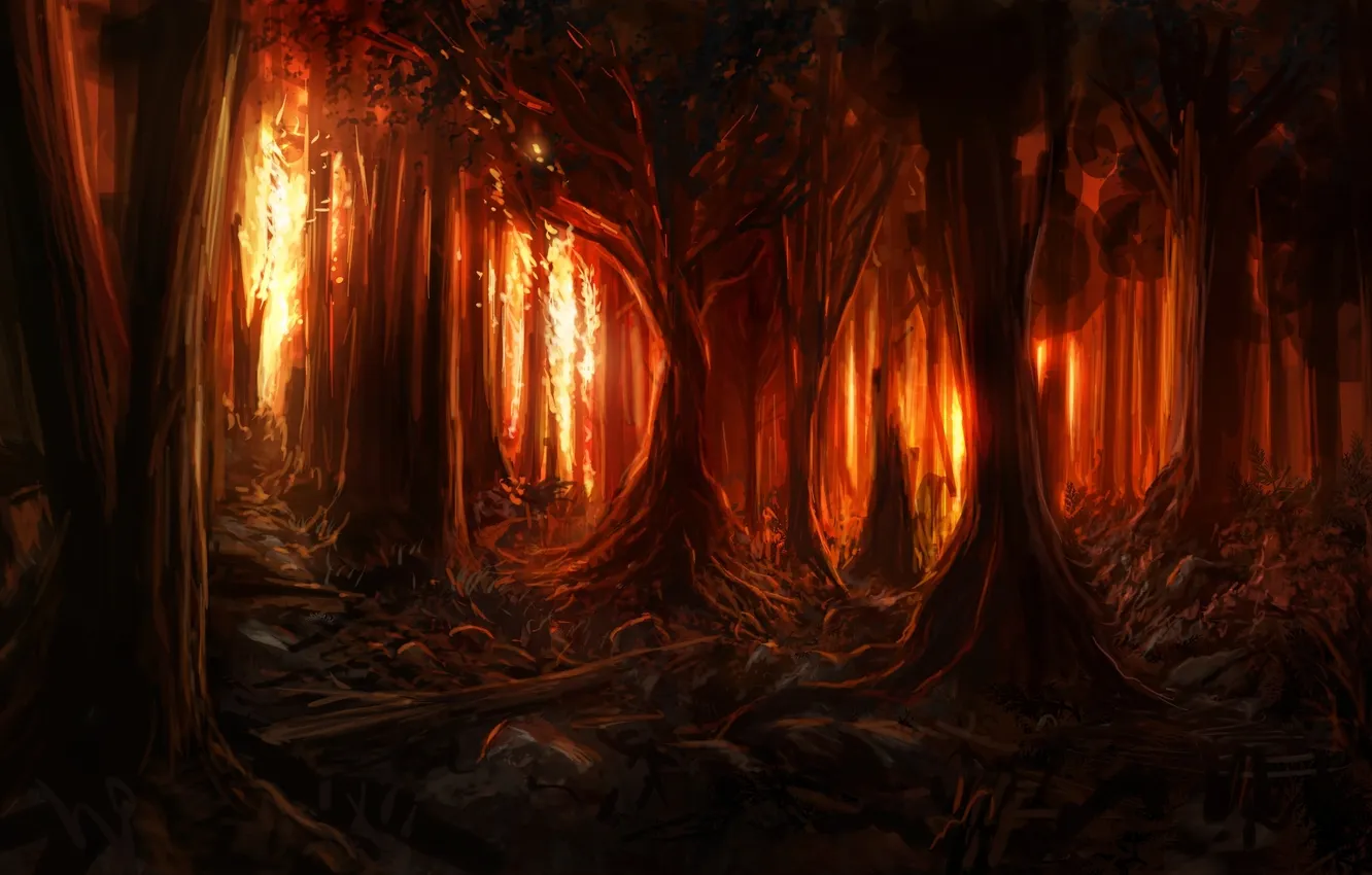 Фото обои лес, деревья, пожар, огонь, искры
