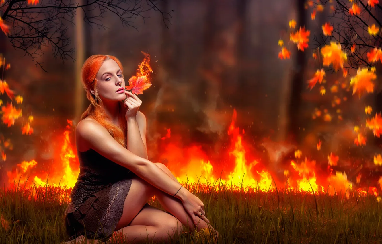 Фото обои девушка, лист, огонь