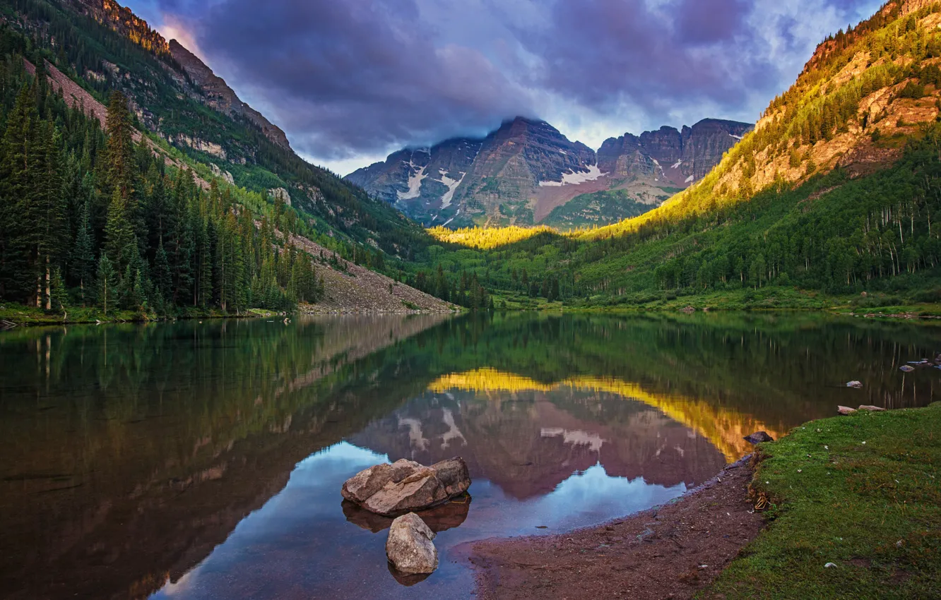 Фото обои лес, пейзаж, горы, природа, озеро, отражение