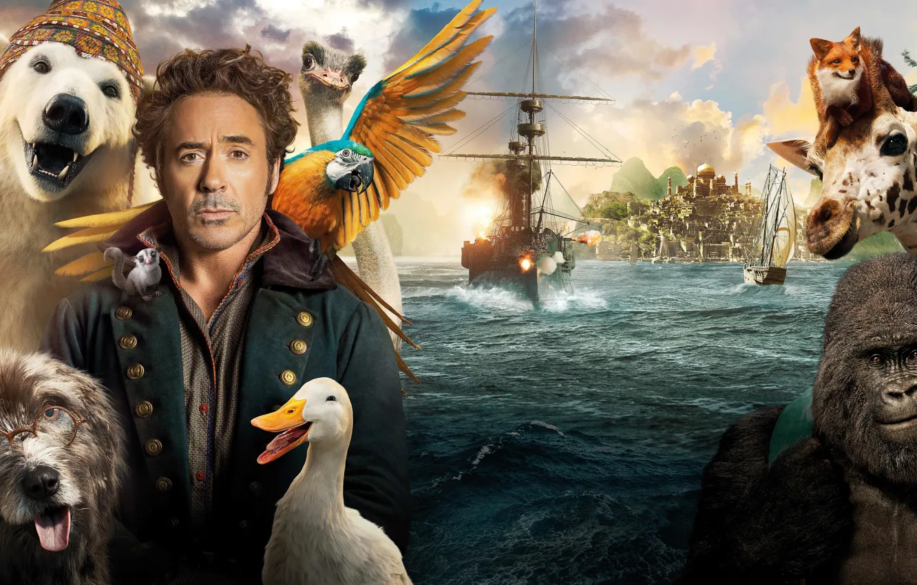 Фото обои животные, вода, корабль, Роберт Дауни мл, комедия, Robert Downey Jr., 2020, Dolittle