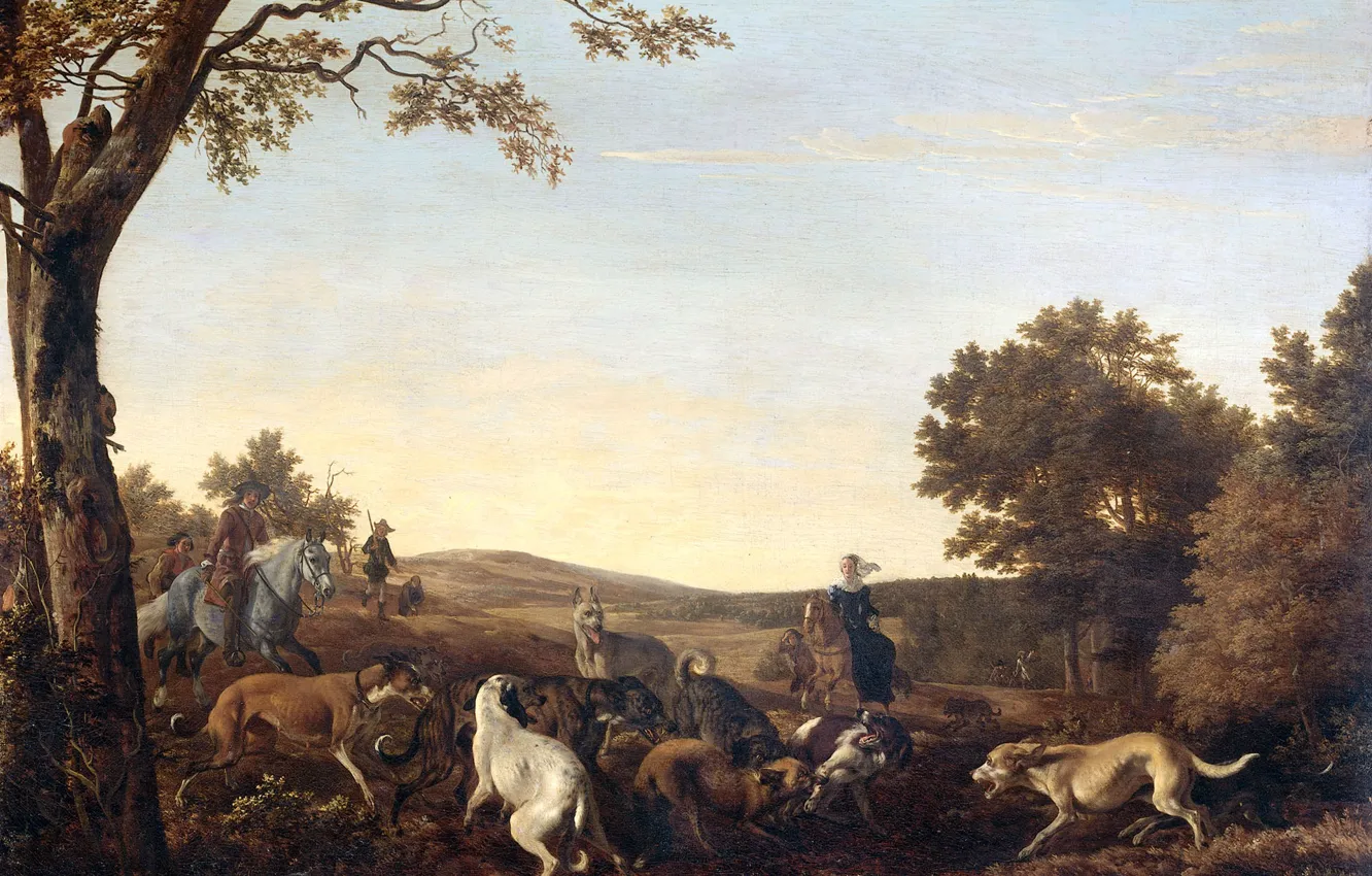 Фото обои пейзаж, масло, картина, холст, Охота на Лис, 1679, Людольф Леендертс де Йонг, Ludolf Leendertsz de …