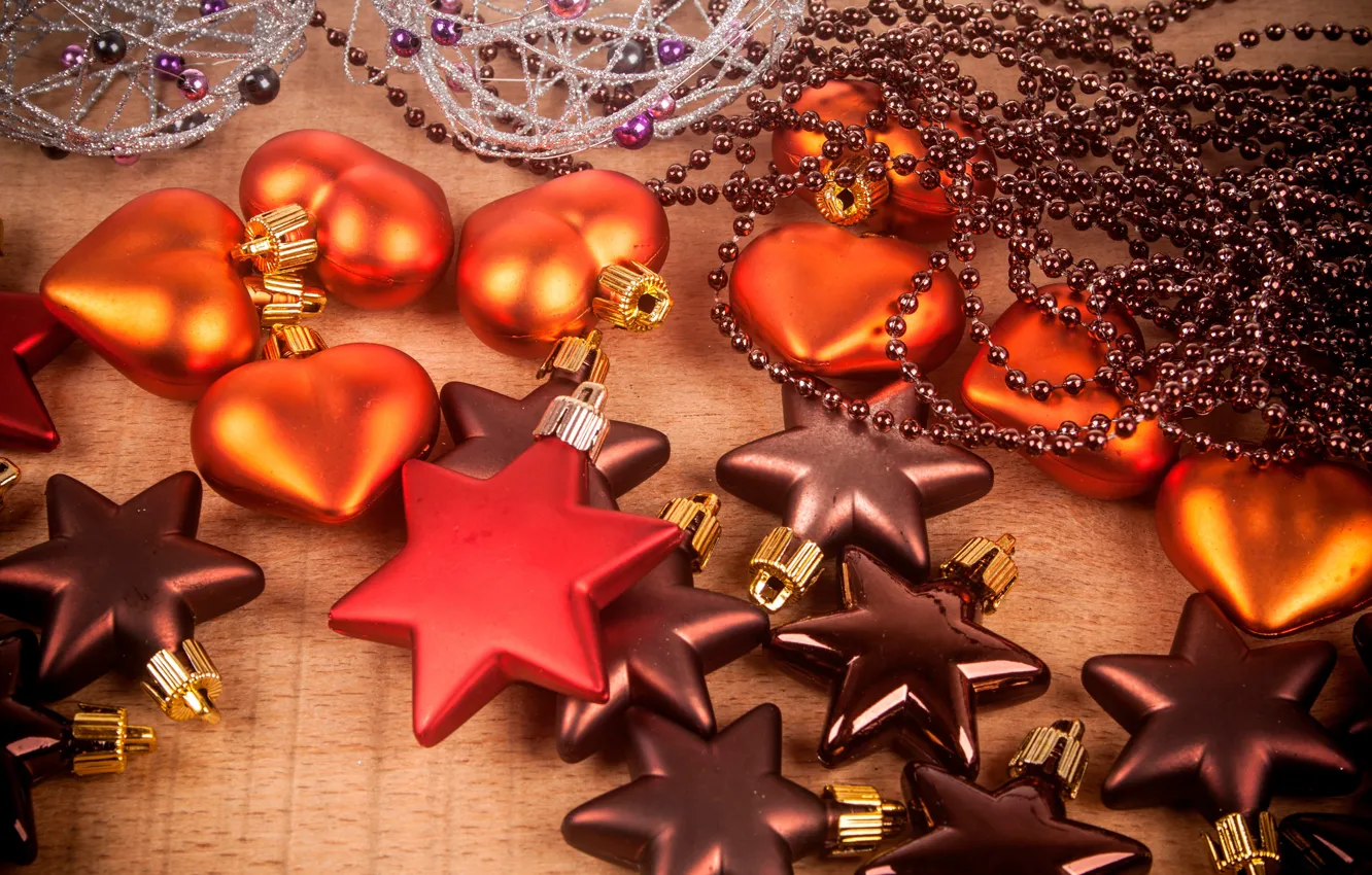 Фото обои украшения, игрушки, сердечки, Новый год, звёздочки
