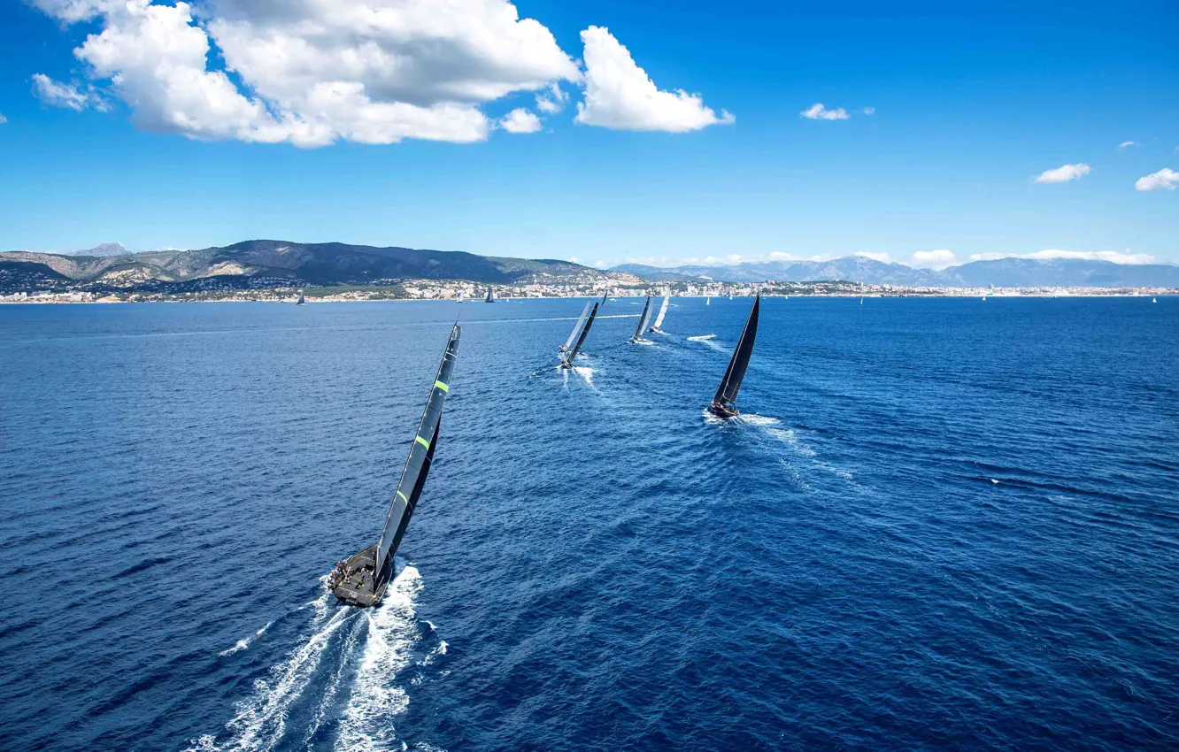 Фото обои water, yachts, sailing, sailboat, group regatta, race on sea, panoramic view