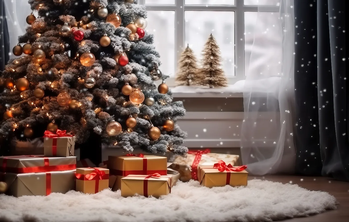 Фото обои украшения, комната, подарок, елка, новый год, интерьер, Рождество, Christmas
