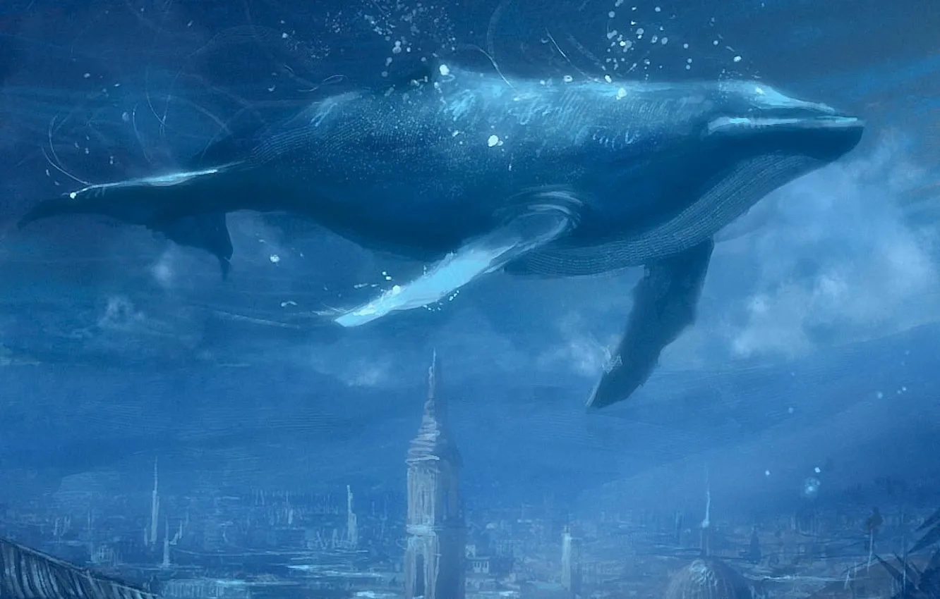 Фото обои синий, город, рисунок, кит, 156