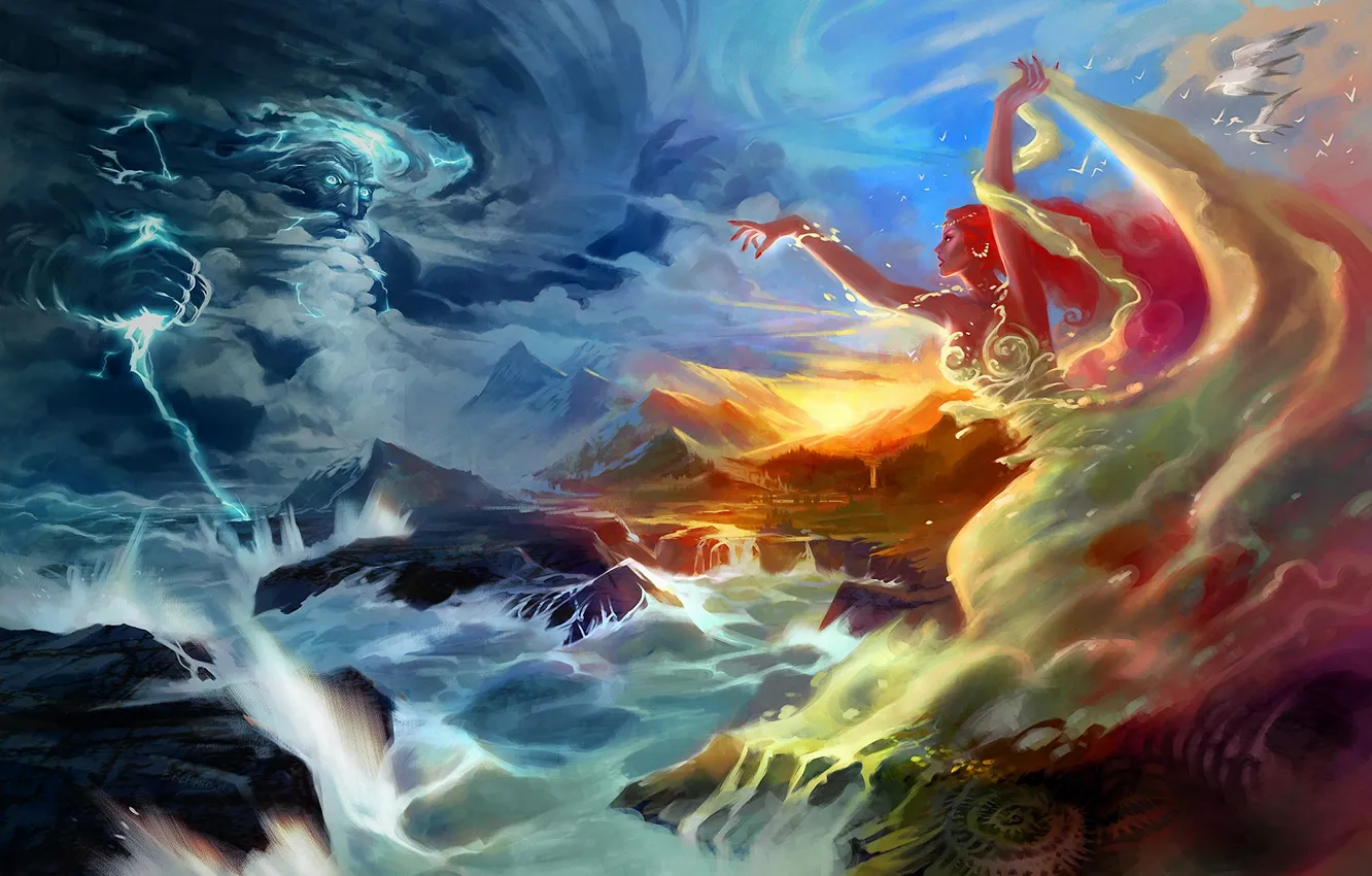 Фото обои море, девушка, горы, молния, чайки, буря, арт, боги