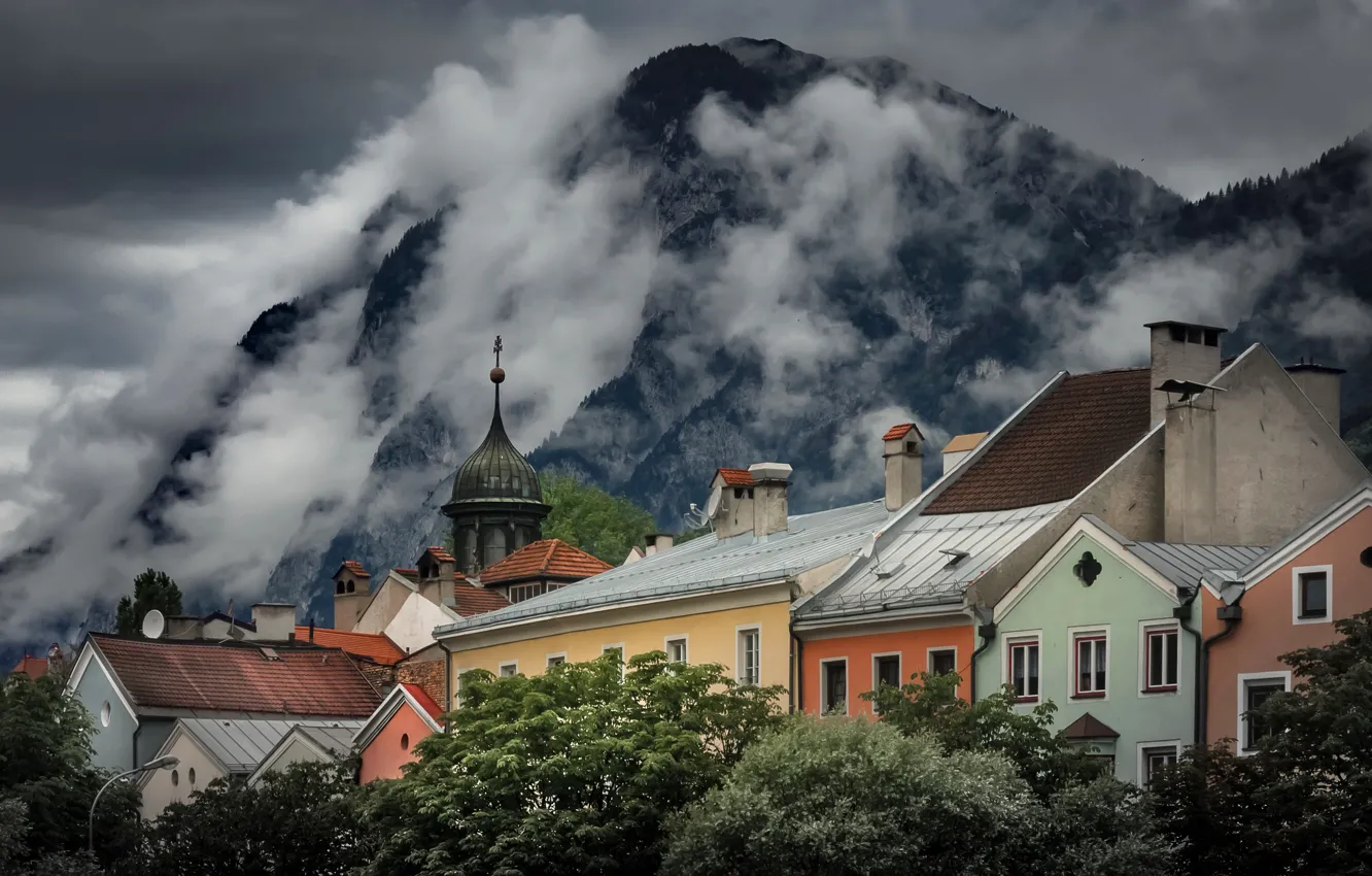 Фото обои облака, горы, город, дома, Австрия, Тироль, Инсбрук