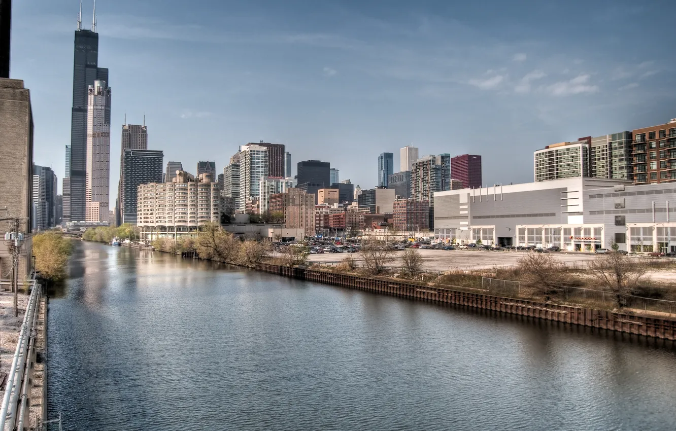 Фото обои city, lights, light, USA, Chicago, Illinois, river, sky