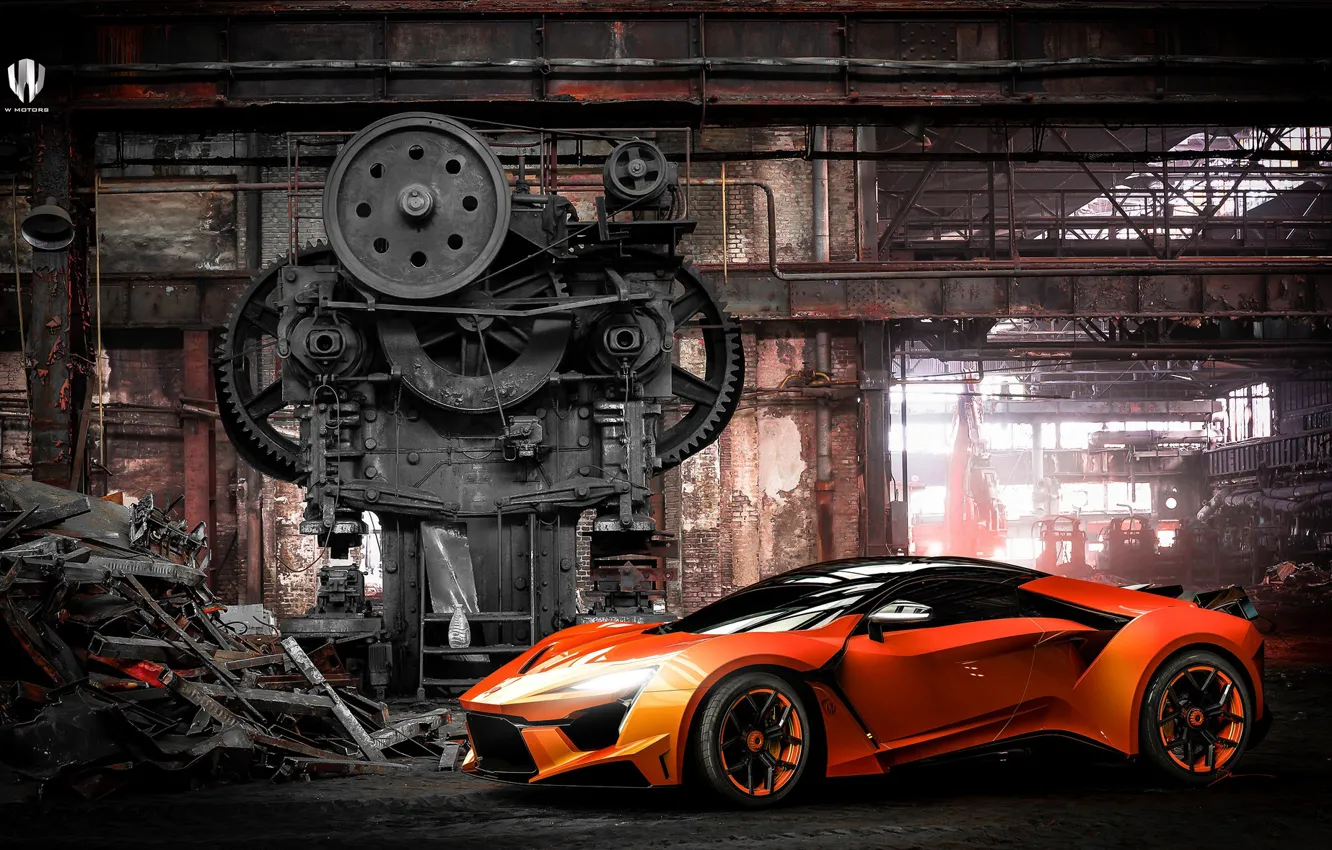 Фото обои Авто, Машина, Цех, Оранжевый, Рендеринг, Завод, Supercar, Concept Art