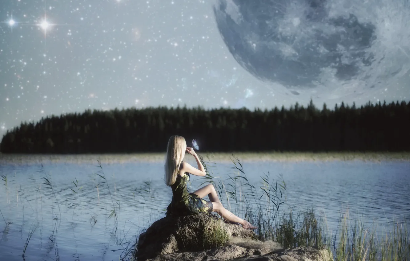 Фото обои девушка, озеро, луна