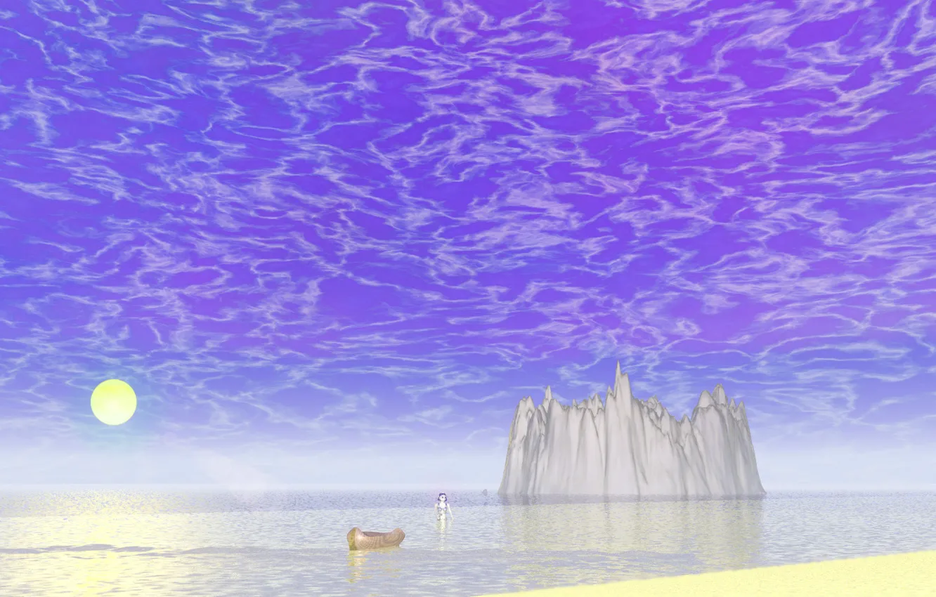 Фото обои песок, море, небо, лодка, фэнтези, кратер, эльфийка