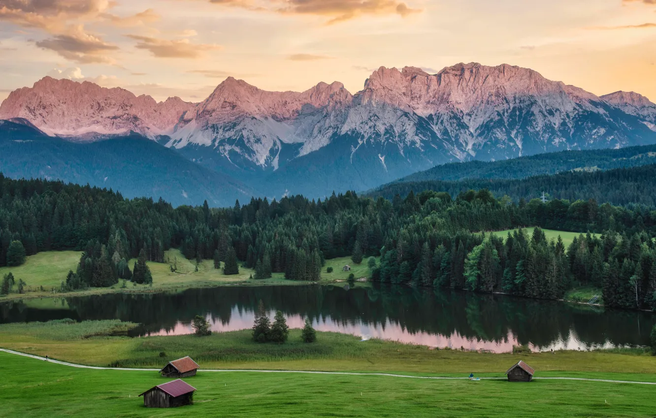 Фото обои поле, лес, небо, горы, озеро, берег, вершины, ели