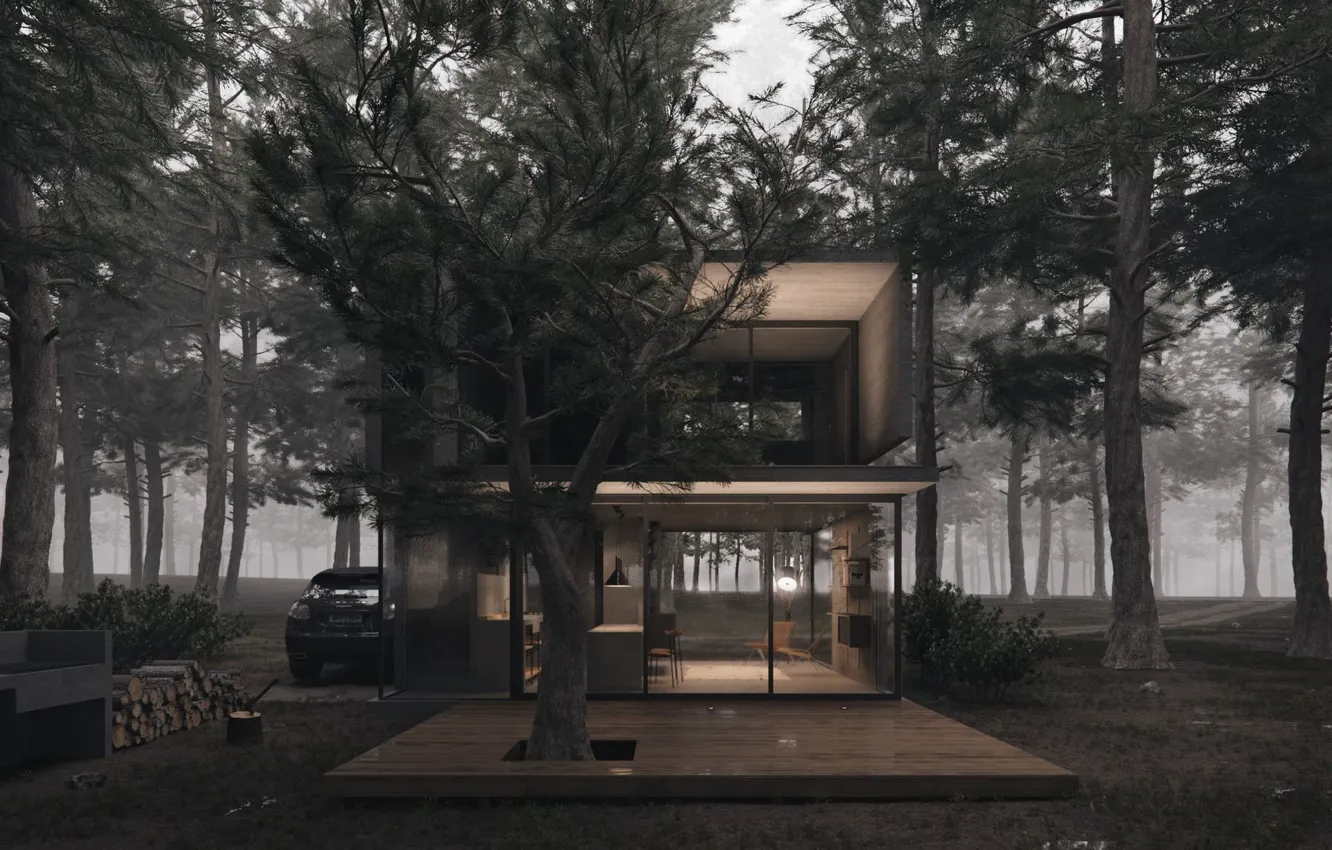 Фото обои лес, дизайн, дрова, автомобиль, строение, H3 house