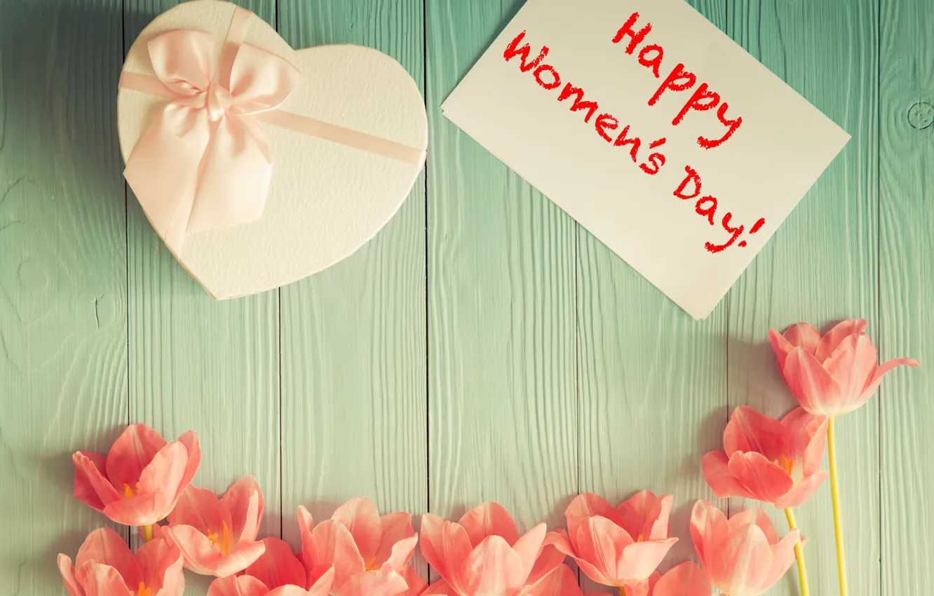 Фото обои праздник, подарок, надпись, тюльпаны, 8 марта, Happy Women's Day