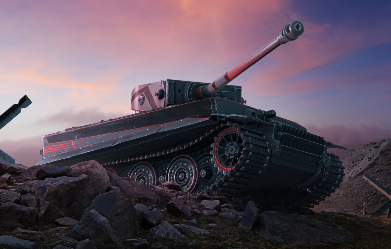 Фото обои Закат, Небо, Облака, Тигр, Камни, Камуфляж, World of Tanks, PzKpfw VI Tiger