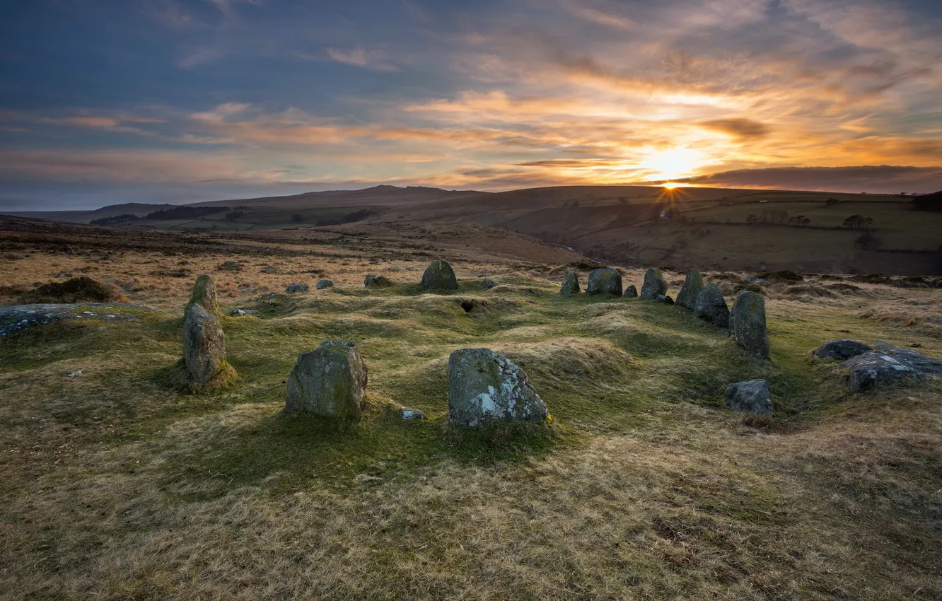 Фото обои закат, камни, England, Sticklepath, Nine Maidens Belstone Dartmoor