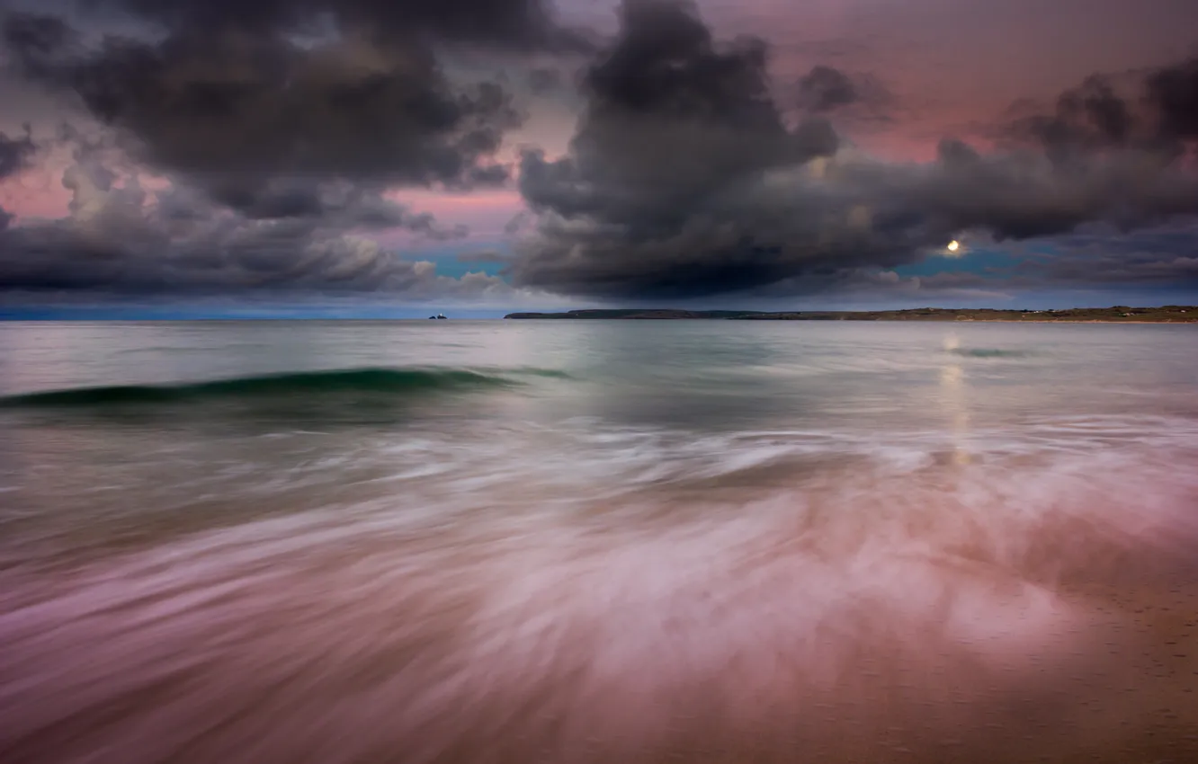 Фото обои море, небо, облака, пейзаж, закат, природа, waves, beach