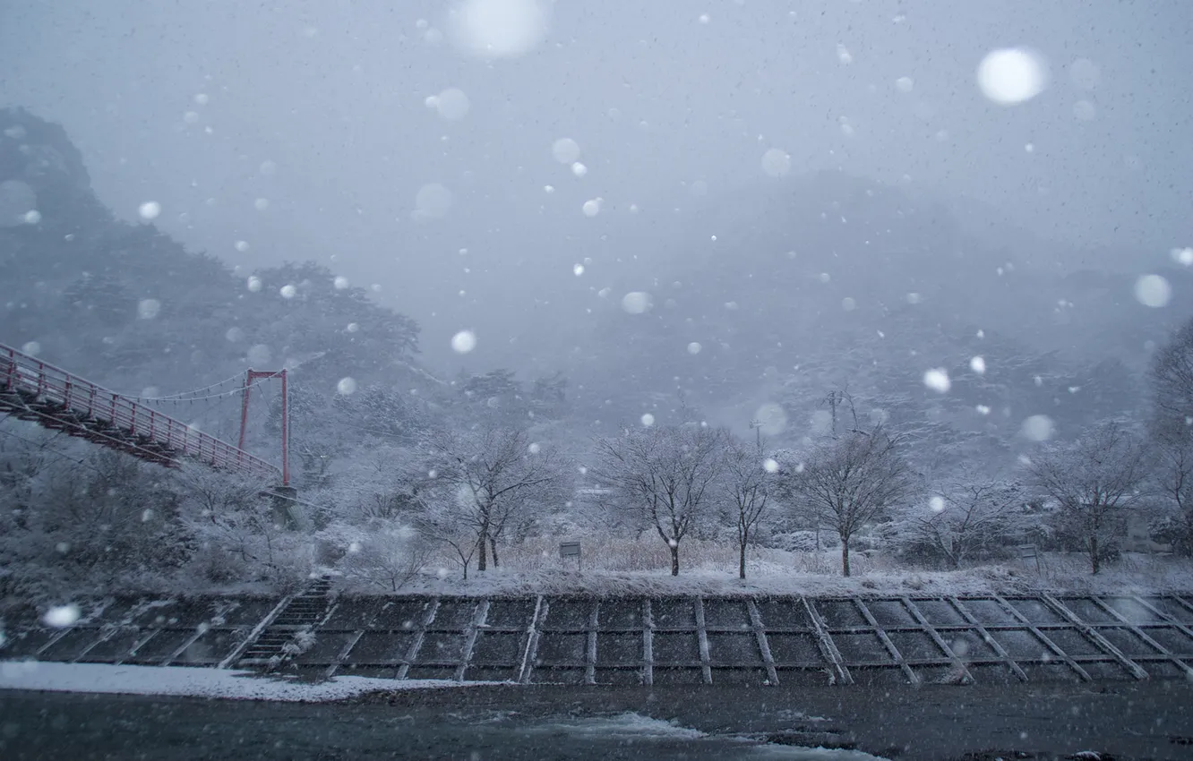 Фото обои снег, мост, Япония, Кита Адзуму, Префектура Факусима