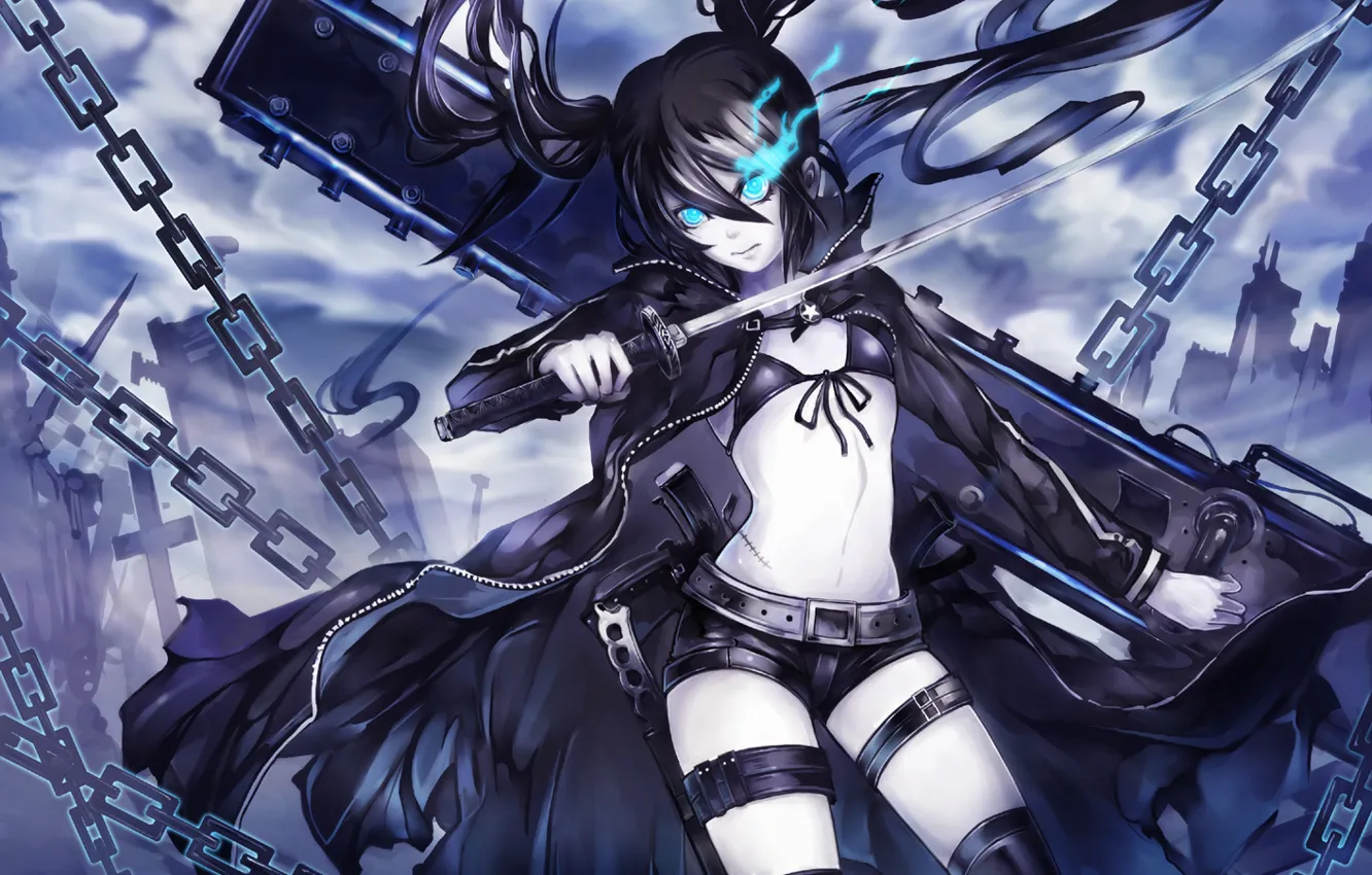 Фото обои катана, цепи, black rock shooter