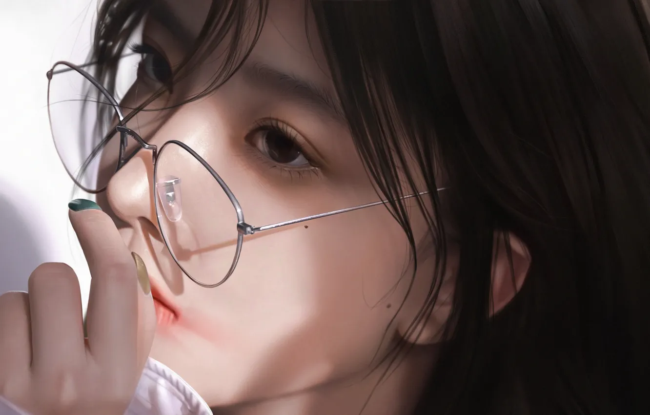 Фото обои лицо, рука, очки, азиатка, родинки, портрет девушки, by 3d render