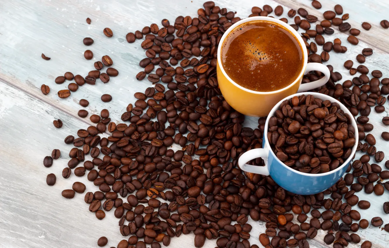Фото обои кофе, чашки, кофейные зерна, wood, coffe