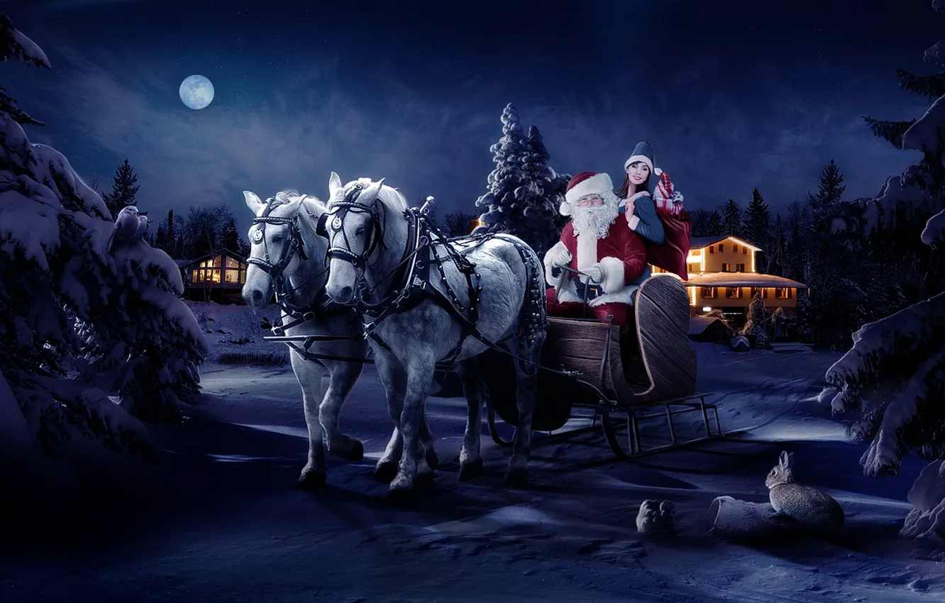 Фото обои ночь, луна, новый год, лошади, дед мороз