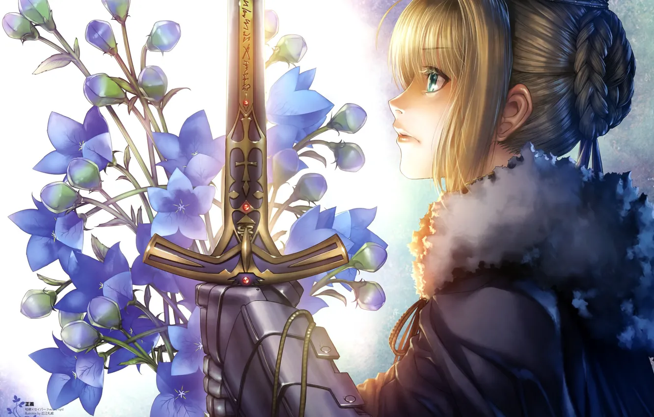 Фото обои девушка, цветы, меч, рыцарь, бутоны, сейбер, Артурия Пендрагон, Судьба ночь схватки