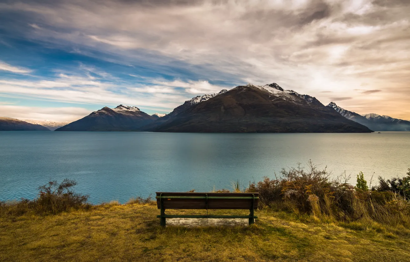 Фото обои New Zealand, lake, Queenstown, bench