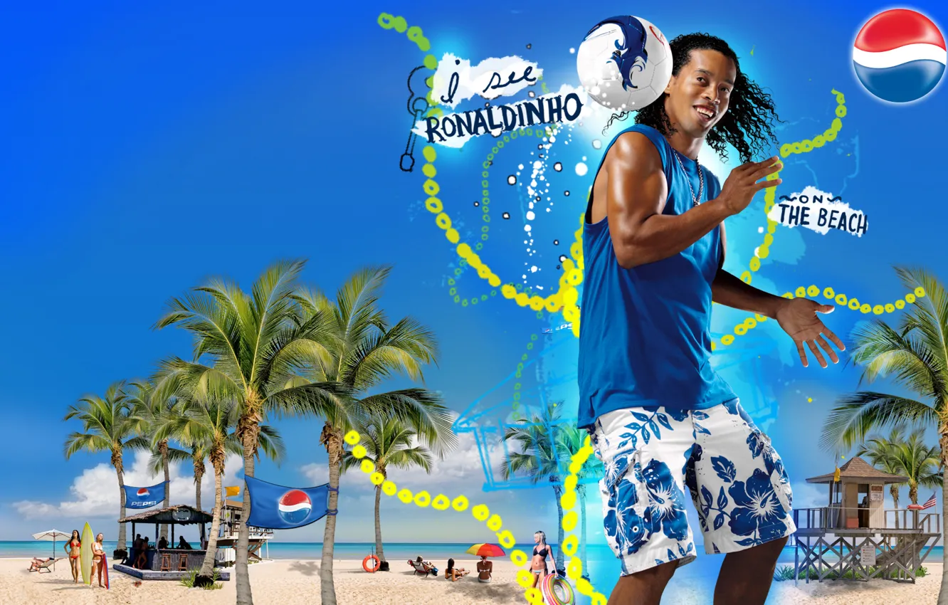 Фото обои Пляж, Мяч, Лето, Футбол, Футболист, Легенда, Ronaldinho, Pepsi