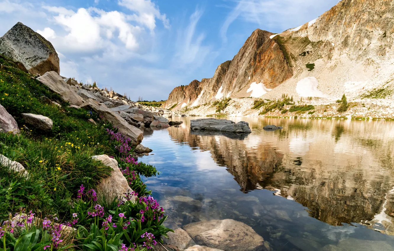 Фото обои вода, пейзаж, горы, природа, камни, растительность, Вайоминг, США