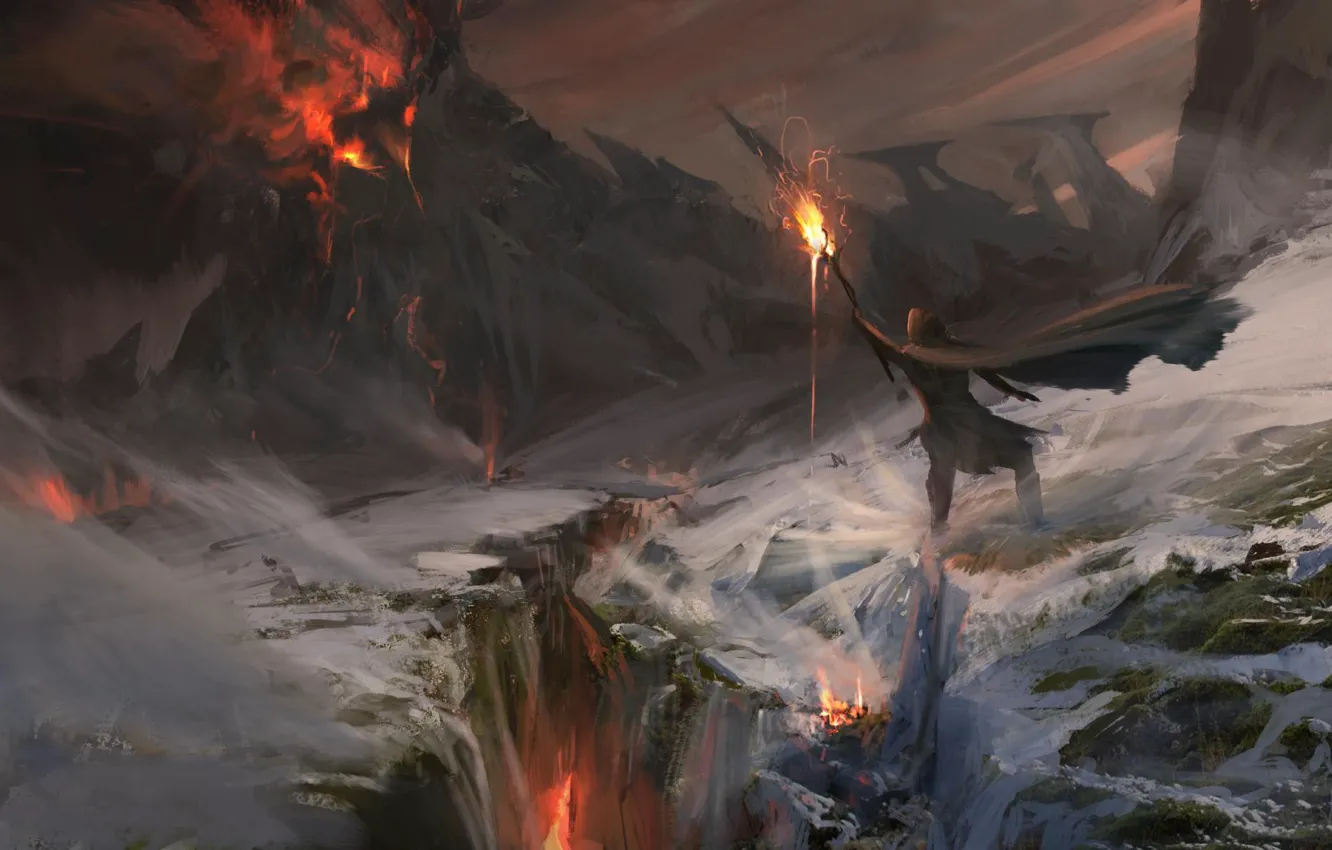 Фото обои fire, flame, fantasy, magic, art, mountain, snow, lava