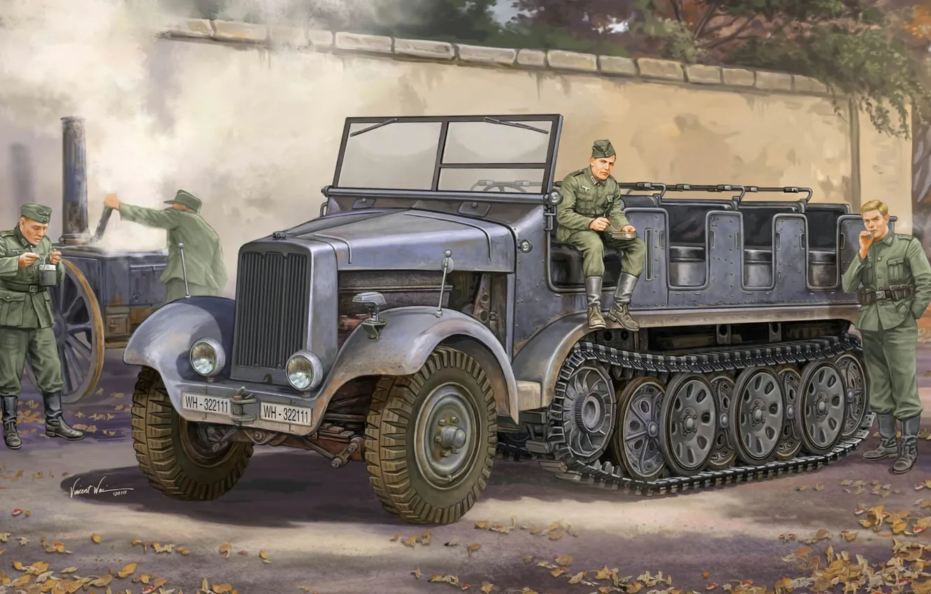 Фото обои машина, война, кухня, солдаты, обед, немецкие, полугусеничном, ходу