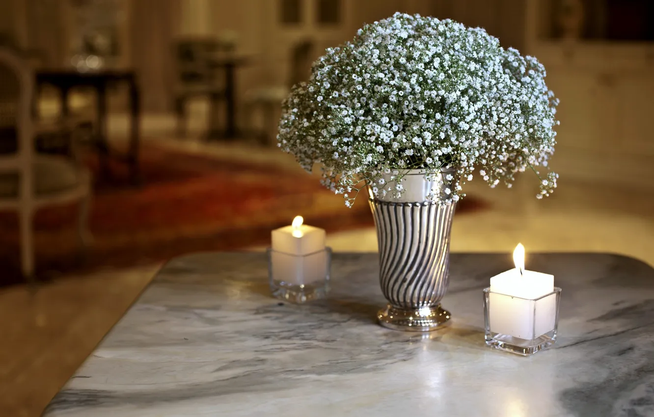 Фото обои цветы, ваза, свечки