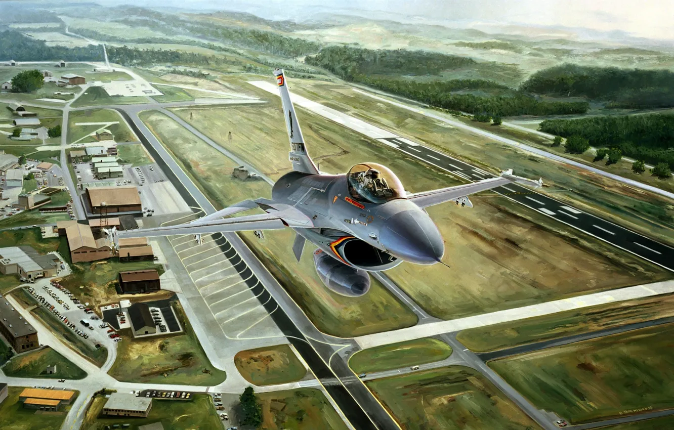 Фото обои авиация, самолет, рисунок, истребитель, аэродром, F-16, Ф-16