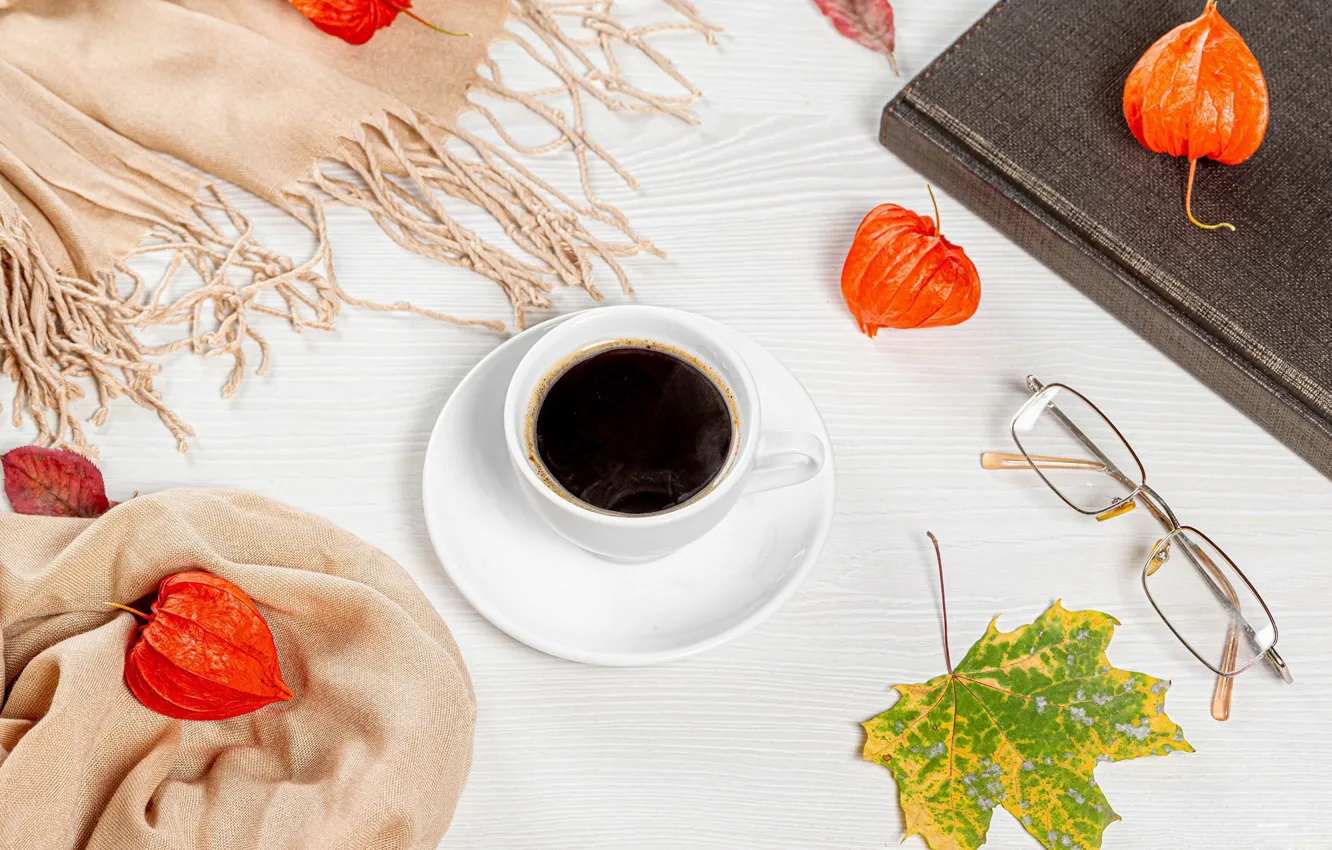 Фото обои осень, лист, кофе, очки, чашка, физалис