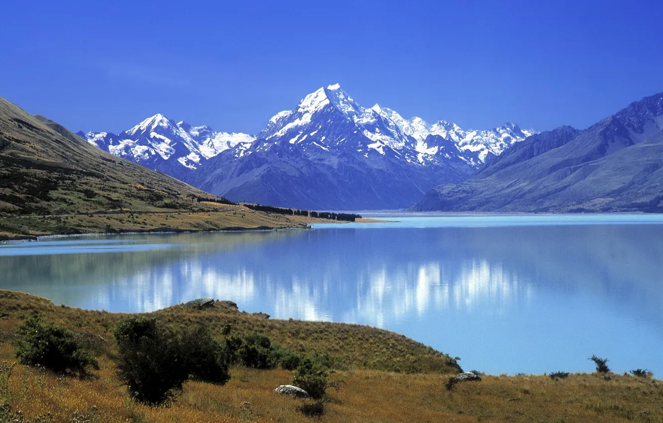 Фото обои горы, природа, озеро, красивый, снежные, верхушки, вид., подножия