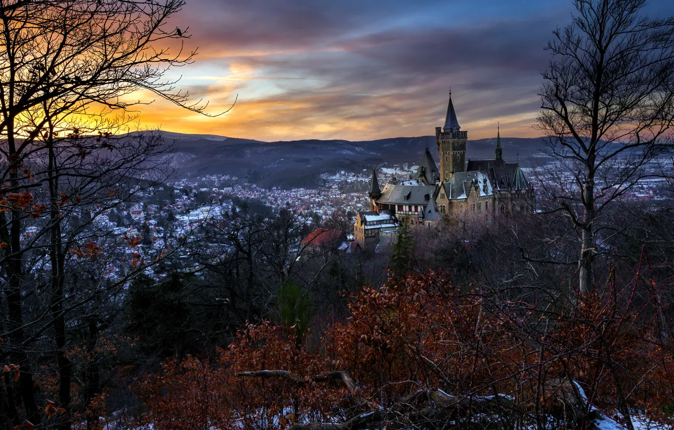 Фото обои закат, город, Schloss Wernigerode
