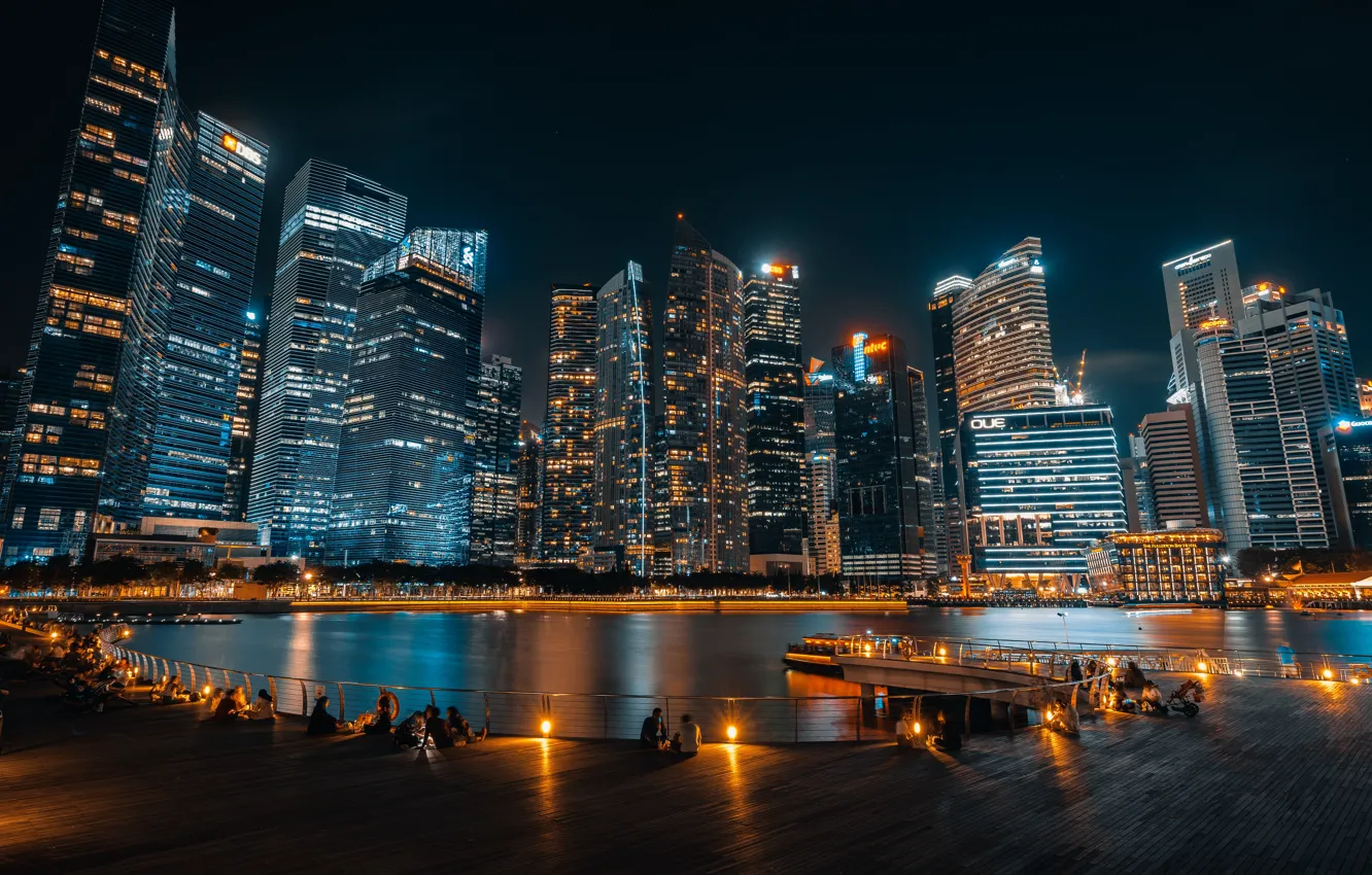Фото обои ночь, город, Сингапур