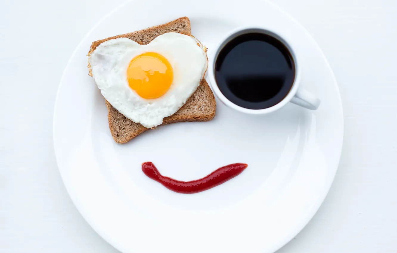 Фото обои улыбка, креатив, кофе, еда, завтрак, тарелка, хлеб, кружка