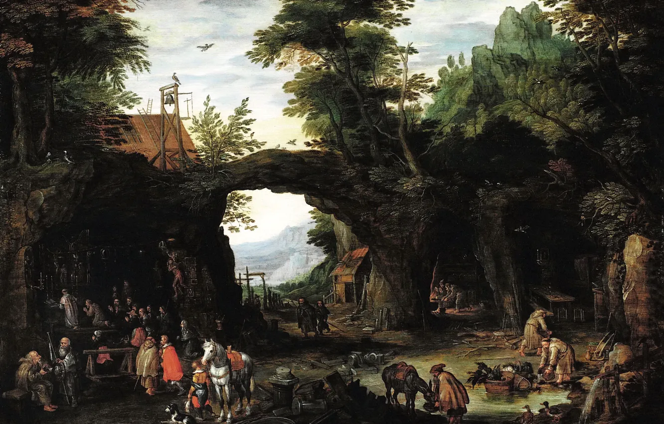 Фото обои картина, жанровая, Ян Брейгель младший, Пейзаж со Сценой Католической Мессы в Гроте