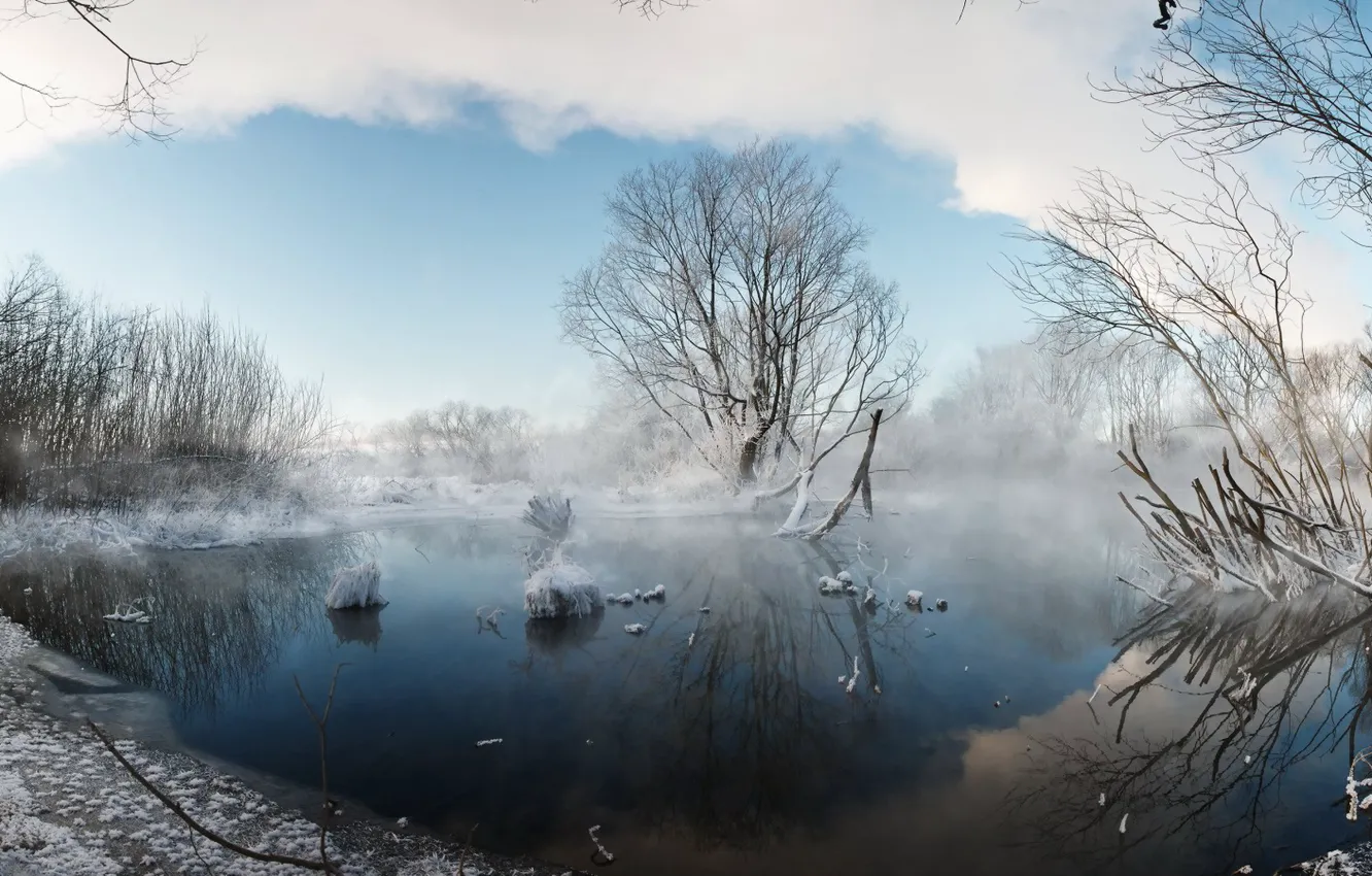 Фото обои зима, природа, туман, озеро