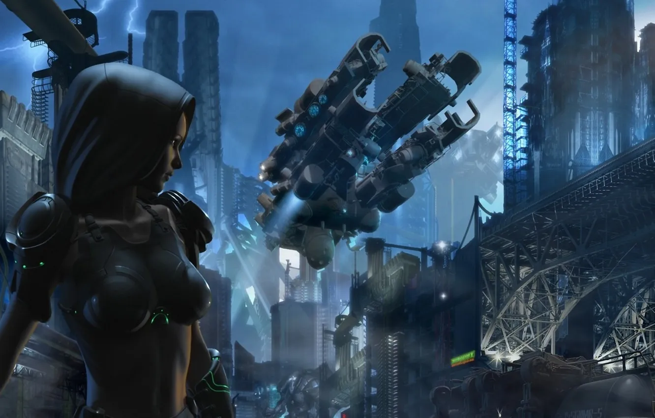 Фото обои девушка, ночь, город, транспорт, корабль, арт, капюшон