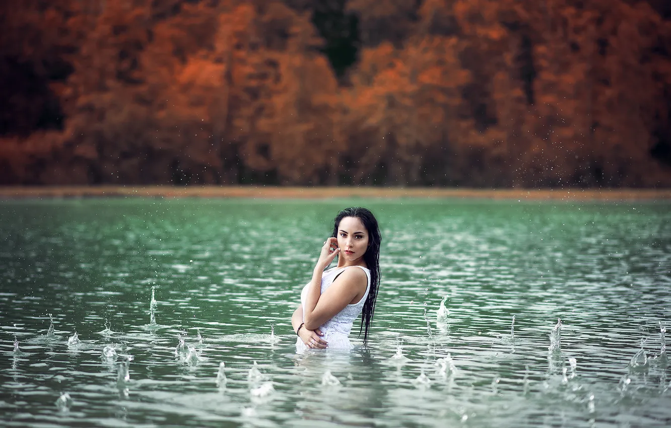 Фото обои озеро, дождь, Девушка, girl