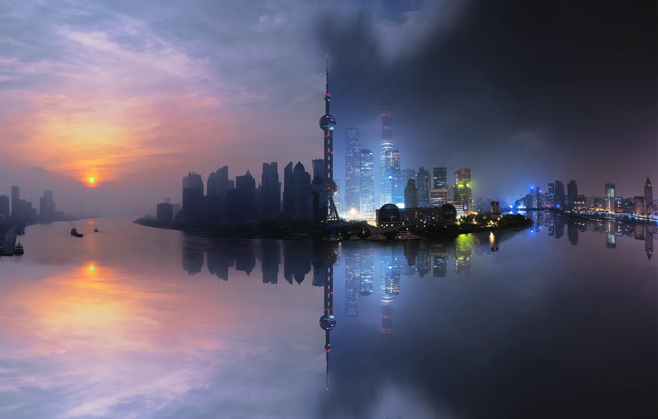Фото обои China, Shanghai, City, Light, Clouds, Sky, Sun, Water