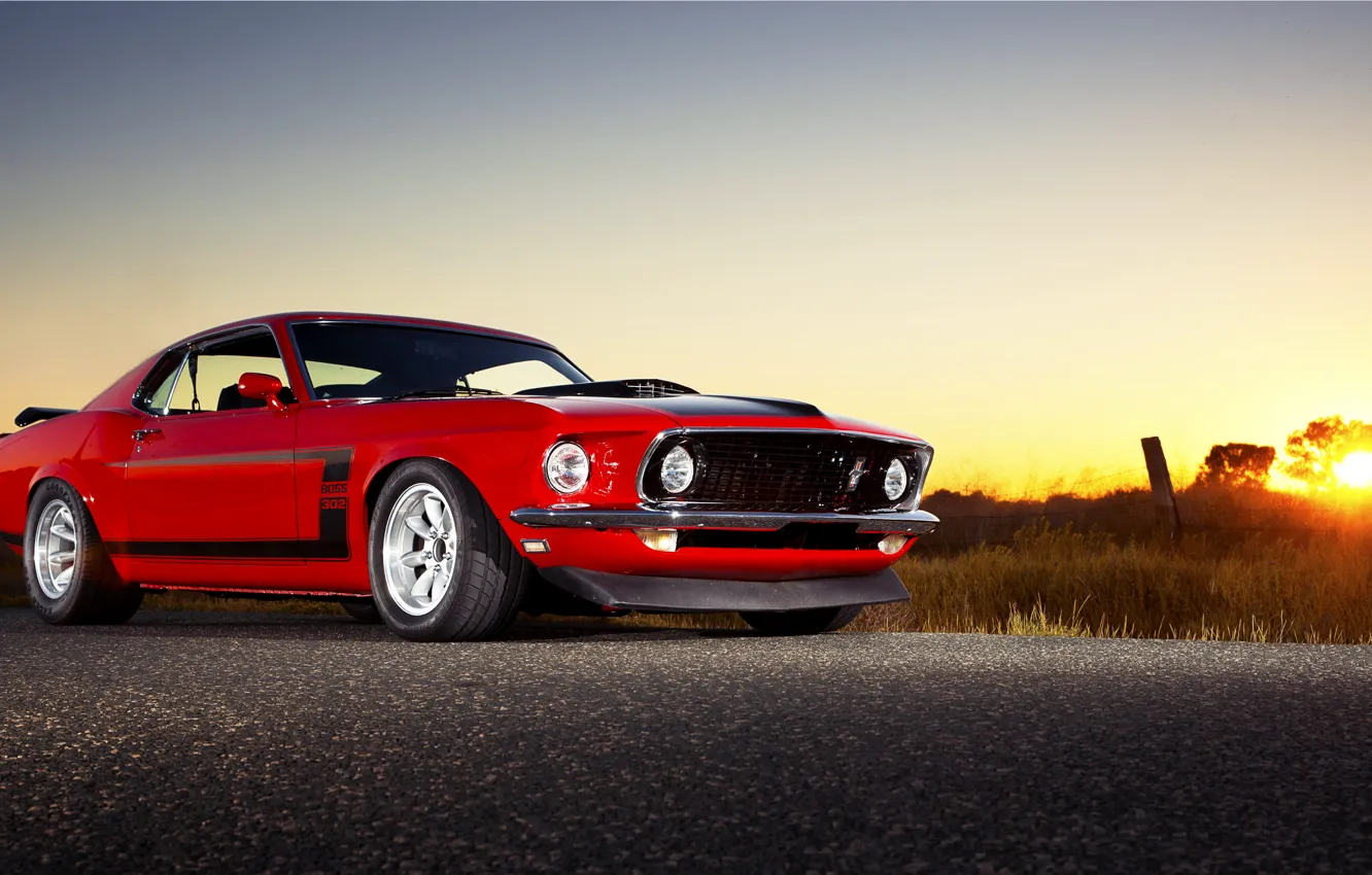 Фото обои закат, мустанг, muscle car, ford mustang boss 302