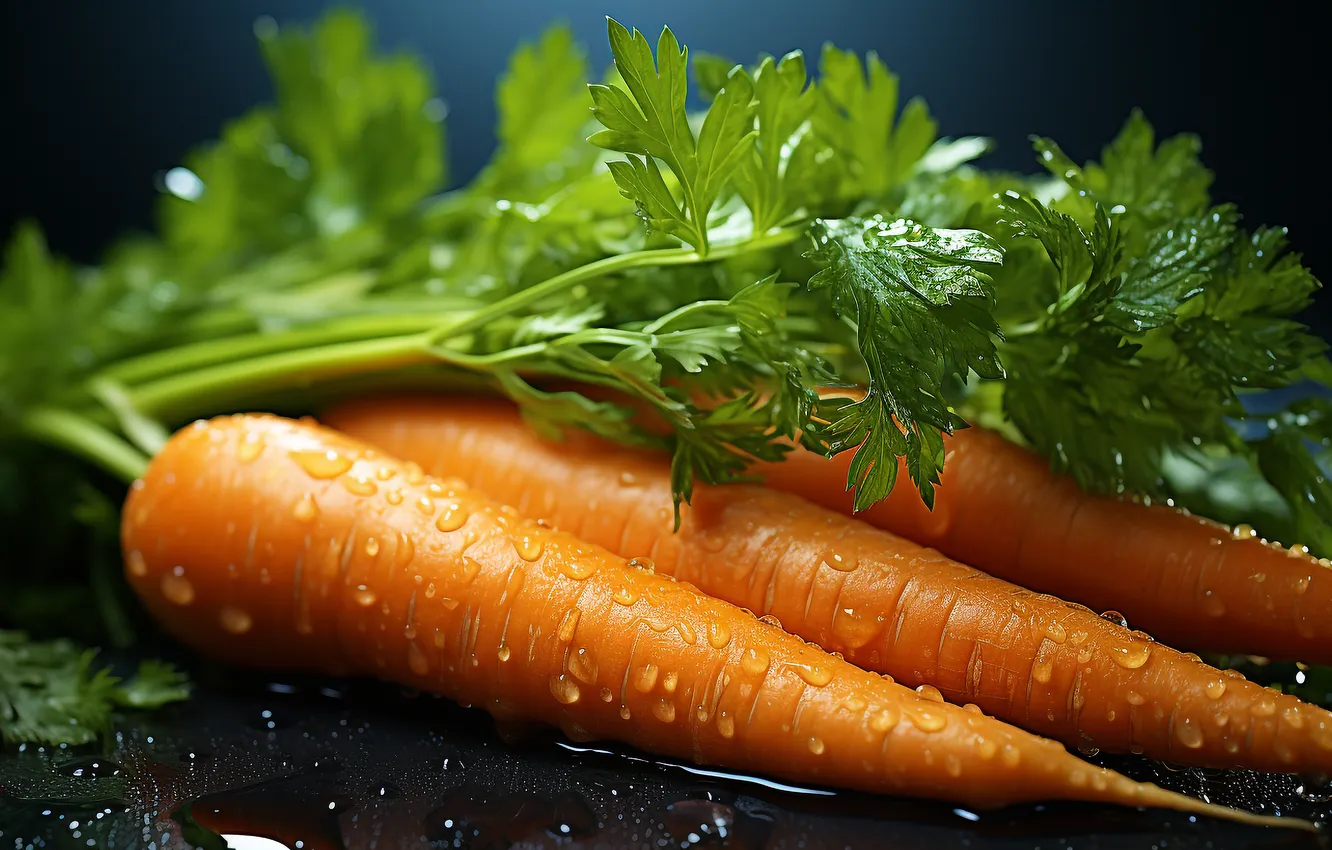 Фото обои зелень, капли, ботва, морковь, ИИ-арт, НЕЙРОСЕТЬ