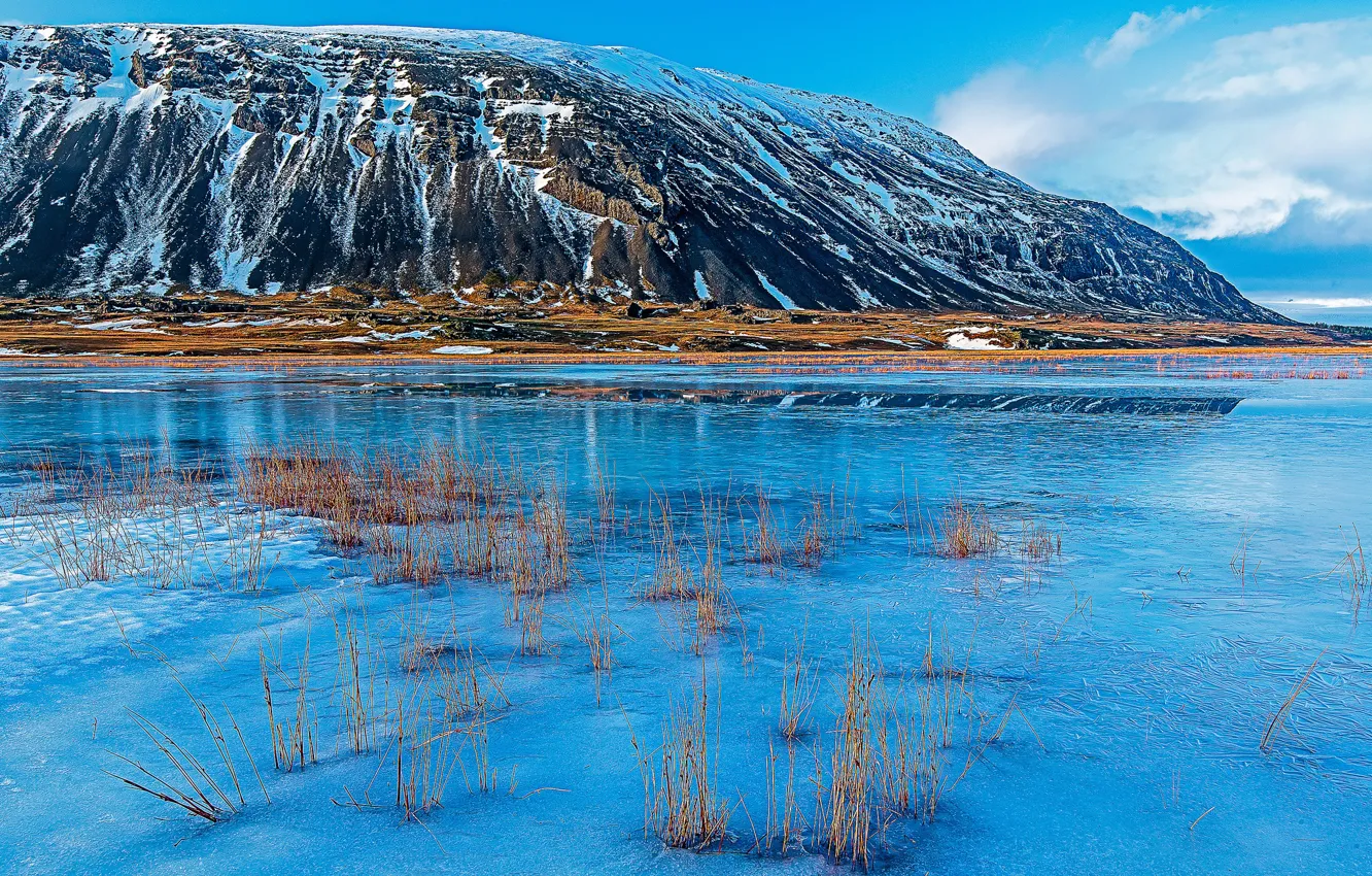 Фото обои снег, горы, озеро, Исландия