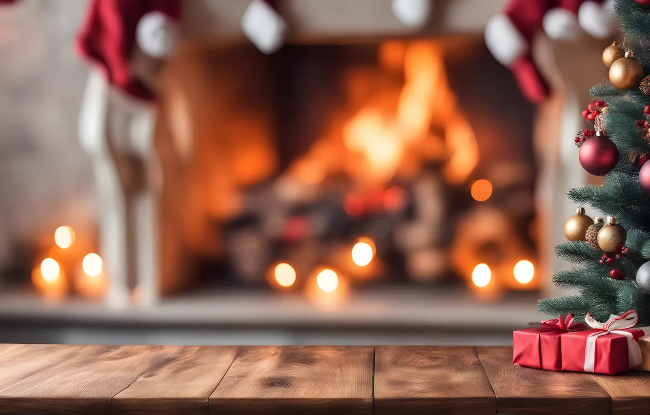 Фото обои комната, елка, интерьер, Рождество, Новый год, камин, Christmas, view