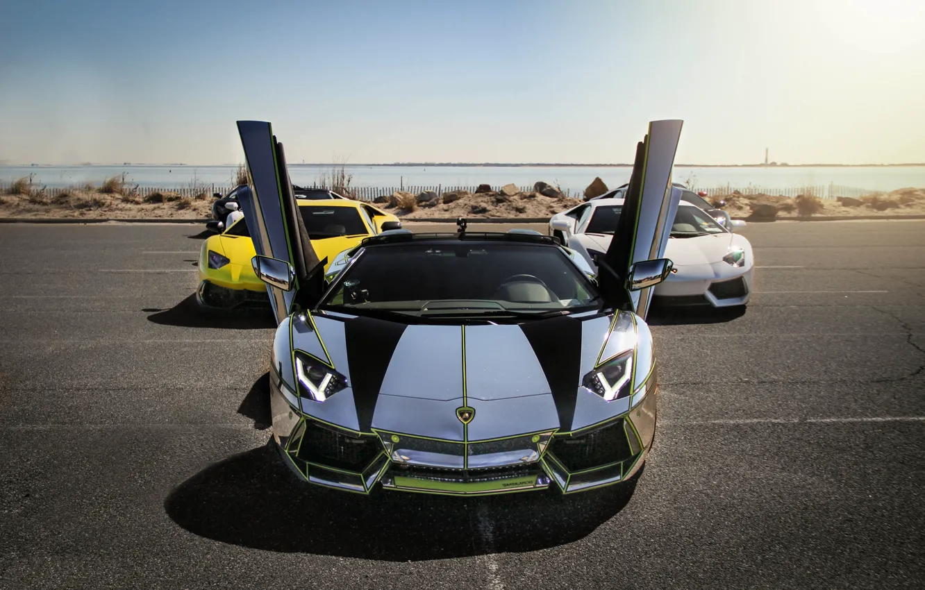 Фото обои белый, желтый, серебристый, white, lamborghini, yellow, aventador, lp700-4